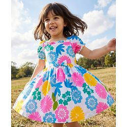 Babyhug Cotton Woven Half Sleeves Frock With Floral Print & Bow Applique - White