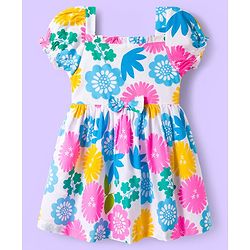 Babyhug Cotton Woven Half Sleeves Frock With Floral Print & Bow Applique - White