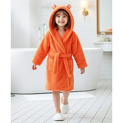 Babyhug Velour Knit Full Sleeves Hooded Bathrobe With Ear Applique - Orange