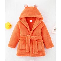 Babyhug Velour Knit Full Sleeves Hooded Bathrobe With Ear Applique - Orange