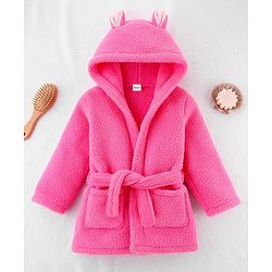 Babyhug Velour Knit Full Sleeves Hooded Bathrobe With Ear Applique - Orange