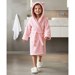 Babyhug Velour Knit Full Sleeves Hooded Bathrobe With Ear Applique - Orange