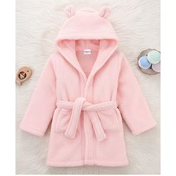 Babyhug Velour Knit Full Sleeves Hooded Bathrobe With Ear Applique - Orange