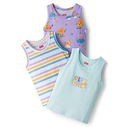 Babyhug Single Jersey Knit Sleeveless Sando With Text Print Pack Of 3 - Purple White & Light Blue