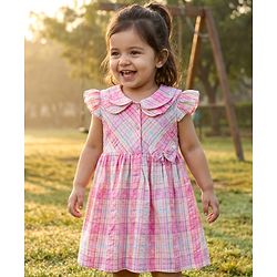 Babyhug Cotton Knit Frill Sleeves Checkered Frock - Multicolor