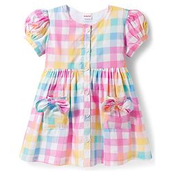 Babyhug Cotton Woven Half Puffed Sleeves Checkered Frock with Bow Applique - Multicolor