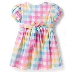 Babyhug Cotton Woven Half Puffed Sleeves Checkered Frock with Bow Applique - Multicolor