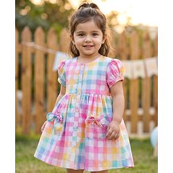 Babyhug Cotton Woven Half Puffed Sleeves Checkered Frock with Bow Applique - Multicolor