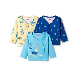 Babyhug 100% Cotton Knit Full Sleeves Front Open Jhablas with Nautical Theme Print Pack of 3 - Yellow Navy & Light Blue