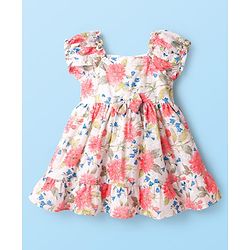 Babyhug Cotton Woven Half Sleeves Frock With Floral Print - White