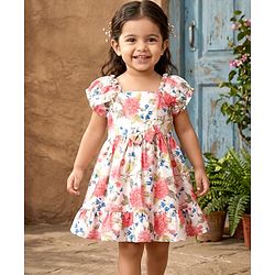 Babyhug Cotton Woven Half Sleeves Frock With Floral Print - White
