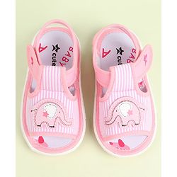 Cute Walk by Babyhug Velcro Closure Sandals Elephant Patch & Stripes - Pink