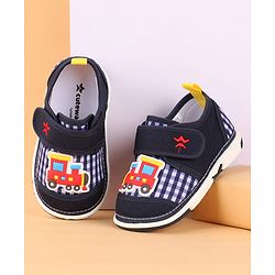 Cute Walk by Babyhug Velcro Closure Casual Shoes with Checks & Train Applique - Navy Blue