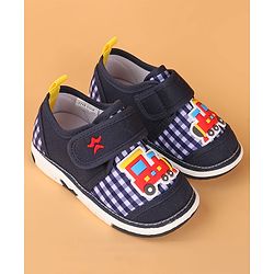 Cute Walk by Babyhug Velcro Closure Casual Shoes with Checks & Train Applique - Navy Blue