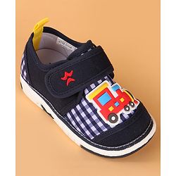 Cute Walk by Babyhug Velcro Closure Casual Shoes with Checks & Train Applique - Navy Blue