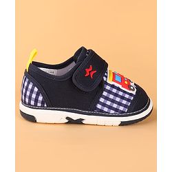 Cute Walk by Babyhug Velcro Closure Casual Shoes with Checks & Train Applique - Navy Blue