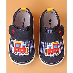 Cute Walk by Babyhug Velcro Closure Casual Shoes with Checks & Train Applique - Navy Blue