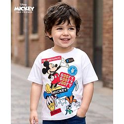 Babyhug Disney Single Jersey Knit Drop Shoulder Half Sleeves Oversized T-Shirt with Mickey & Friends Graphic - White
