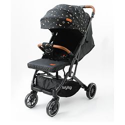 Babyhug Portable Baby Stroller with One-Hand Compact Fold Newborn Pram Concealed Linked Brake, Front Swivel Wheels, Safety Harness, Shock Absorbing Wheels Storage Basket Moon & Star Print - Black