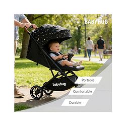 Babyhug Portable Baby Stroller with One-Hand Compact Fold Newborn Pram Concealed Linked Brake, Front Swivel Wheels, Safety Harness, Shock Absorbing Wheels Storage Basket Moon & Star Print - Black
