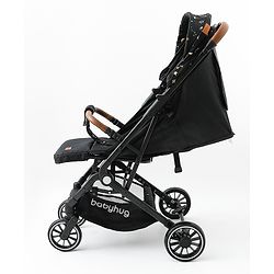 Babyhug Portable Baby Stroller with One-Hand Compact Fold Newborn Pram Concealed Linked Brake, Front Swivel Wheels, Safety Harness, Shock Absorbing Wheels Storage Basket Moon & Star Print - Black