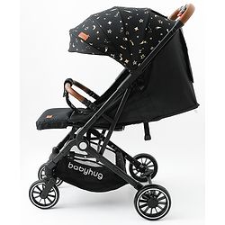 Babyhug Portable Baby Stroller with One-Hand Compact Fold Newborn Pram Concealed Linked Brake, Front Swivel Wheels, Safety Harness, Shock Absorbing Wheels Storage Basket Moon & Star Print - Black
