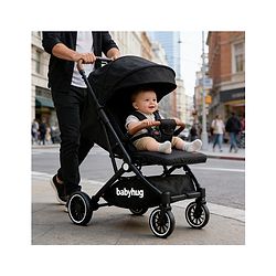 Babyhug Portable Baby Stroller with One-Hand Compact Fold Newborn Pram Concealed Linked Brake, Front Swivel Wheels, Safety Harness, Shock Absorbing Wheels Storage Basket Moon & Star Print - Black