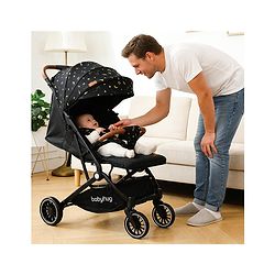 Babyhug Portable Baby Stroller with One-Hand Compact Fold Newborn Pram Concealed Linked Brake, Front Swivel Wheels, Safety Harness, Shock Absorbing Wheels Storage Basket Moon & Star Print - Black