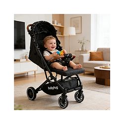 Babyhug Portable Baby Stroller with One-Hand Compact Fold Newborn Pram Concealed Linked Brake, Front Swivel Wheels, Safety Harness, Shock Absorbing Wheels Storage Basket Moon & Star Print - Black