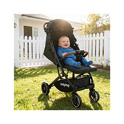 Babyhug Portable Baby Stroller with One-Hand Compact Fold Newborn Pram Concealed Linked Brake, Front Swivel Wheels, Safety Harness, Shock Absorbing Wheels Storage Basket Moon & Star Print - Black