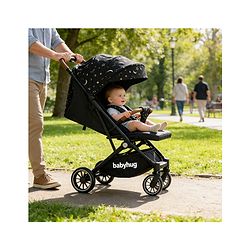 Babyhug Portable Baby Stroller with One-Hand Compact Fold Newborn Pram Concealed Linked Brake, Front Swivel Wheels, Safety Harness, Shock Absorbing Wheels Storage Basket Moon & Star Print - Black