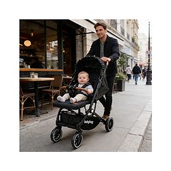 Babyhug Portable Baby Stroller with One-Hand Compact Fold Newborn Pram Concealed Linked Brake, Front Swivel Wheels, Safety Harness, Shock Absorbing Wheels Storage Basket Moon & Star Print - Black