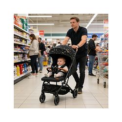 Babyhug Portable Baby Stroller with One-Hand Compact Fold Newborn Pram Concealed Linked Brake, Front Swivel Wheels, Safety Harness, Shock Absorbing Wheels Storage Basket Moon & Star Print - Black