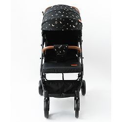 Babyhug Portable Baby Stroller with One-Hand Compact Fold Newborn Pram Concealed Linked Brake, Front Swivel Wheels, Safety Harness, Shock Absorbing Wheels Storage Basket Moon & Star Print - Black
