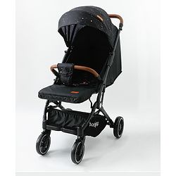 Babyhug Portable Baby Stroller with One-Hand Compact Fold Newborn Pram Concealed Linked Brake, Front Swivel Wheels, Safety Harness, Shock Absorbing Wheels Storage Basket Moon & Star Print - Black