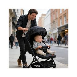 Babyhug Portable Baby Stroller with One-Hand Compact Fold Newborn Pram Concealed Linked Brake, Front Swivel Wheels, Safety Harness, Shock Absorbing Wheels Storage Basket Moon & Star Print - Black