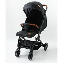 Babyhug Portable Baby Stroller with One-Hand Compact Fold Newborn Pram Concealed Linked Brake, Front Swivel Wheels, Safety Harness, Shock Absorbing Wheels Storage Basket Moon & Star Print - Black