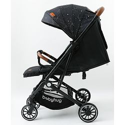 Babyhug Portable Baby Stroller with One-Hand Compact Fold Newborn Pram Concealed Linked Brake, Front Swivel Wheels, Safety Harness, Shock Absorbing Wheels Storage Basket Moon & Star Print - Black
