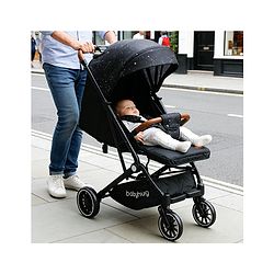 Babyhug Portable Baby Stroller with One-Hand Compact Fold Newborn Pram Concealed Linked Brake, Front Swivel Wheels, Safety Harness, Shock Absorbing Wheels Storage Basket Moon & Star Print - Black