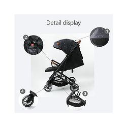Babyhug Portable Baby Stroller with One-Hand Compact Fold Newborn Pram Concealed Linked Brake, Front Swivel Wheels, Safety Harness, Shock Absorbing Wheels Storage Basket Moon & Star Print - Black