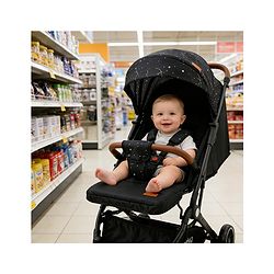 Babyhug Portable Baby Stroller with One-Hand Compact Fold Newborn Pram Concealed Linked Brake, Front Swivel Wheels, Safety Harness, Shock Absorbing Wheels Storage Basket Moon & Star Print - Black