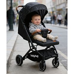 Babyhug Portable Baby Stroller with One-Hand Compact Fold Newborn Pram Concealed Linked Brake, Front Swivel Wheels, Safety Harness, Shock Absorbing Wheels Storage Basket Moon & Star Print - Black