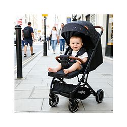 Babyhug Portable Baby Stroller with One-Hand Compact Fold Newborn Pram Concealed Linked Brake, Front Swivel Wheels, Safety Harness, Shock Absorbing Wheels Storage Basket Moon & Star Print - Black