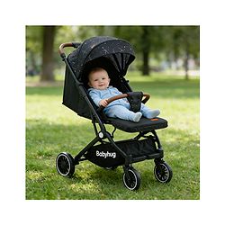 Babyhug Portable Baby Stroller with One-Hand Compact Fold Newborn Pram Concealed Linked Brake, Front Swivel Wheels, Safety Harness, Shock Absorbing Wheels Storage Basket Moon & Star Print - Black
