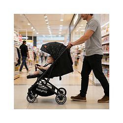 Babyhug Portable Baby Stroller with One-Hand Compact Fold Newborn Pram Concealed Linked Brake, Front Swivel Wheels, Safety Harness, Shock Absorbing Wheels Storage Basket Moon & Star Print - Black
