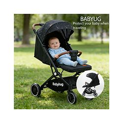 Babyhug Portable Baby Stroller with One-Hand Compact Fold Newborn Pram Concealed Linked Brake, Front Swivel Wheels, Safety Harness, Shock Absorbing Wheels Storage Basket Moon & Star Print - Black