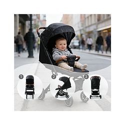 Babyhug Portable Baby Stroller with One-Hand Compact Fold Newborn Pram Concealed Linked Brake, Front Swivel Wheels, Safety Harness, Shock Absorbing Wheels Storage Basket Moon & Star Print - Black