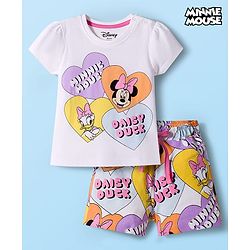 Babyhug Disney Single Jersey Knit Half Sleeves Shorts Night Suit With Minnie & Friends Print - White