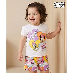 Babyhug Disney Single Jersey Knit Half Sleeves Shorts Night Suit With Minnie & Friends Print - White