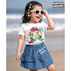 Babyhug Disney Single Jersey Knit Half Sleeves T-Shirt & Skirt Set with Minnie & Friends Graphic - Navy Blue & White